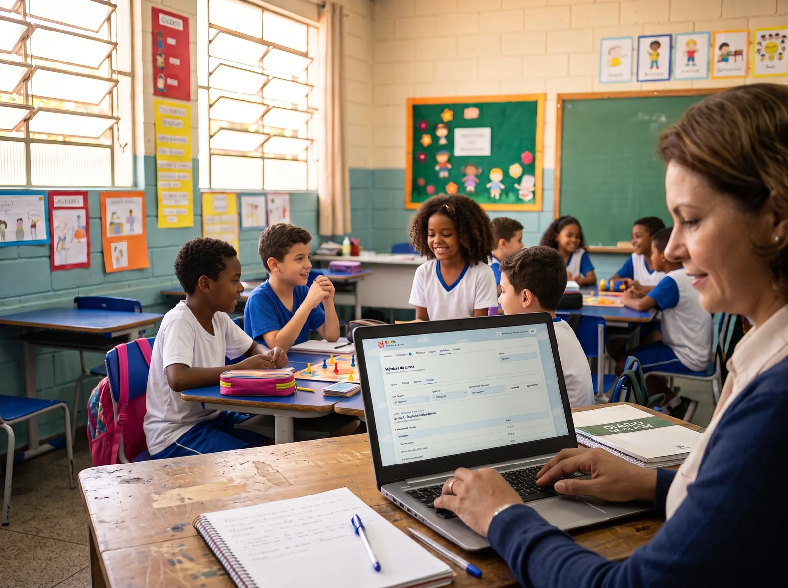 Professora acompanhando a turma no notebook enquanto os alunos jogam o tabuleiro ao fundo